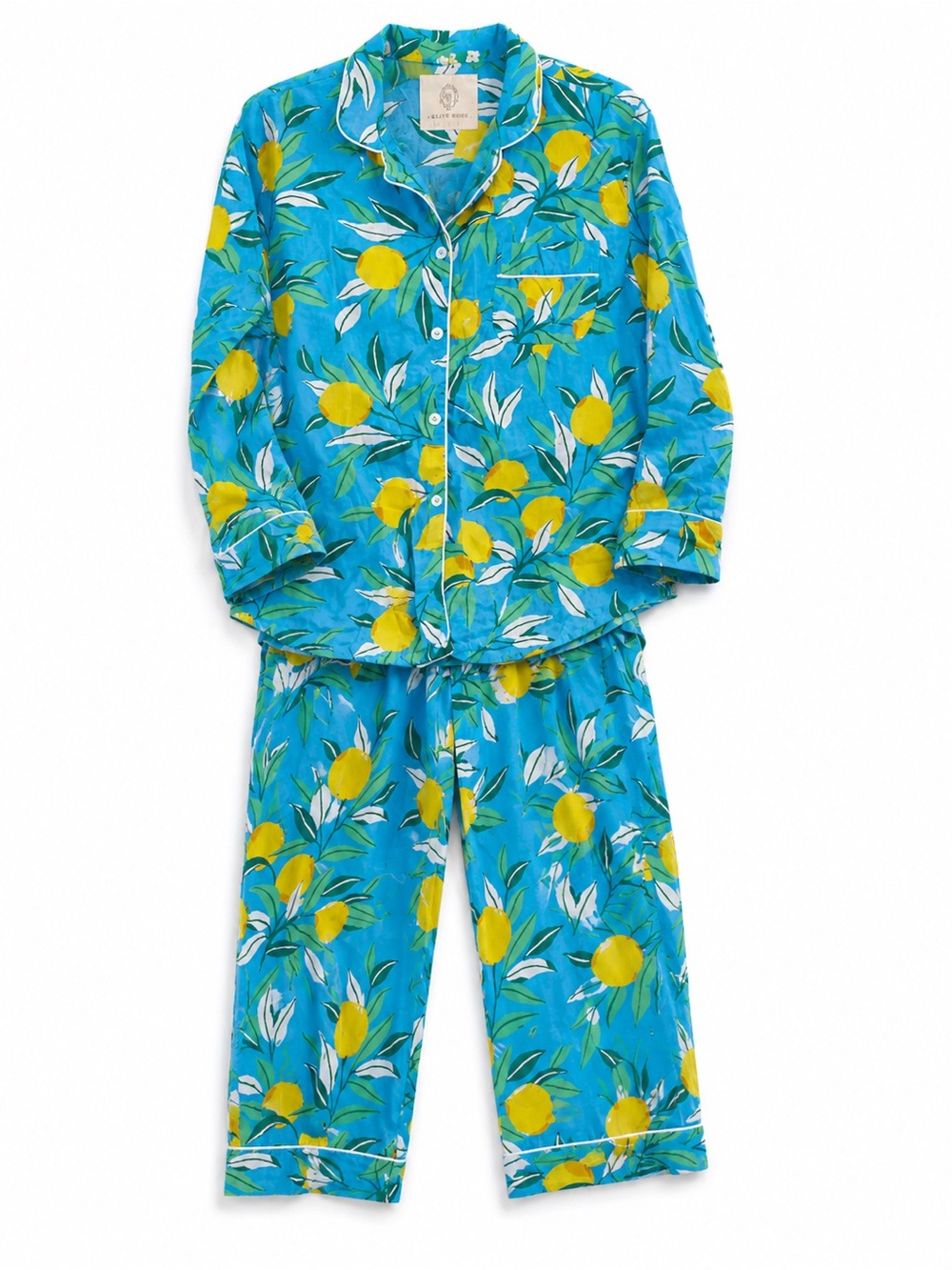 Print Fresh Pajama Set Womens Medium Blue Lemon Print Organic Cotton - Picture 12 of 12